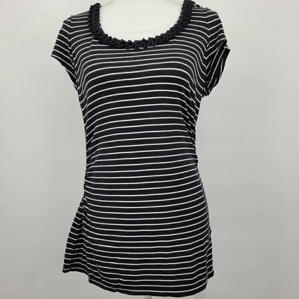 WHBM Ruffle Neckline Black & White Striped Tee - Picture 7 of 11